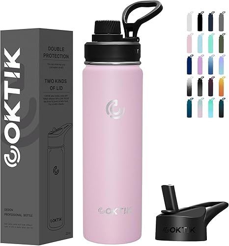 COKTIK Botella de agua aislada de acero inoxidable con tapa de pajilla, 22 onzas de boca ancha, doble pared aislada al vacío, botella de agua ligera