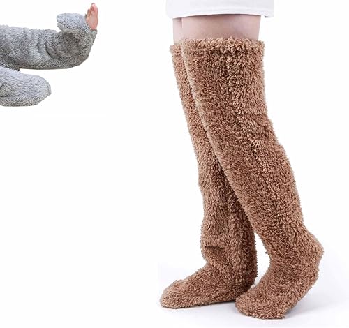 Hdnaihpp Calcetines de piernas de peluche, calcetines largos mullidos por encima de la rodilla, pantuflas de felpa, calentadores de piernas,