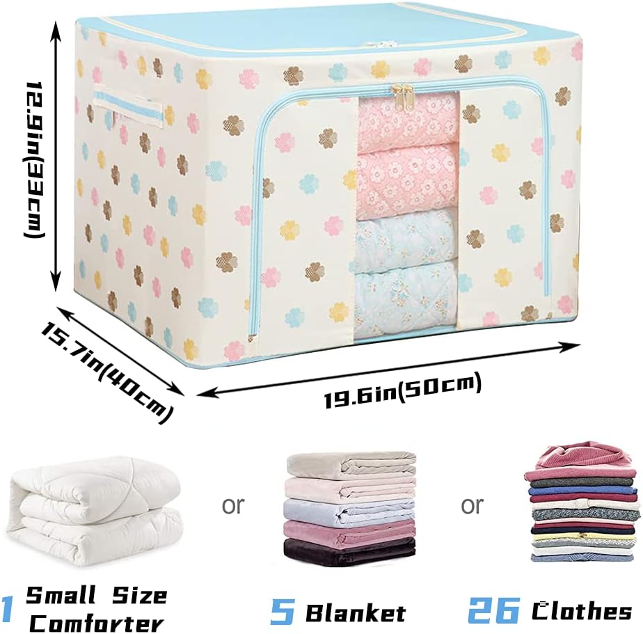 Storage Bag Clear Window Storage Bins Boxes - Large Capacity Foldable Stackable Organizer With Steel Metal Frame, Thick Oxford Fabric, Waterproof, Reinforced Handle,For Bedding,Clothes,Closets, Bedrooms (Blue flower, 66L , 3PCS)