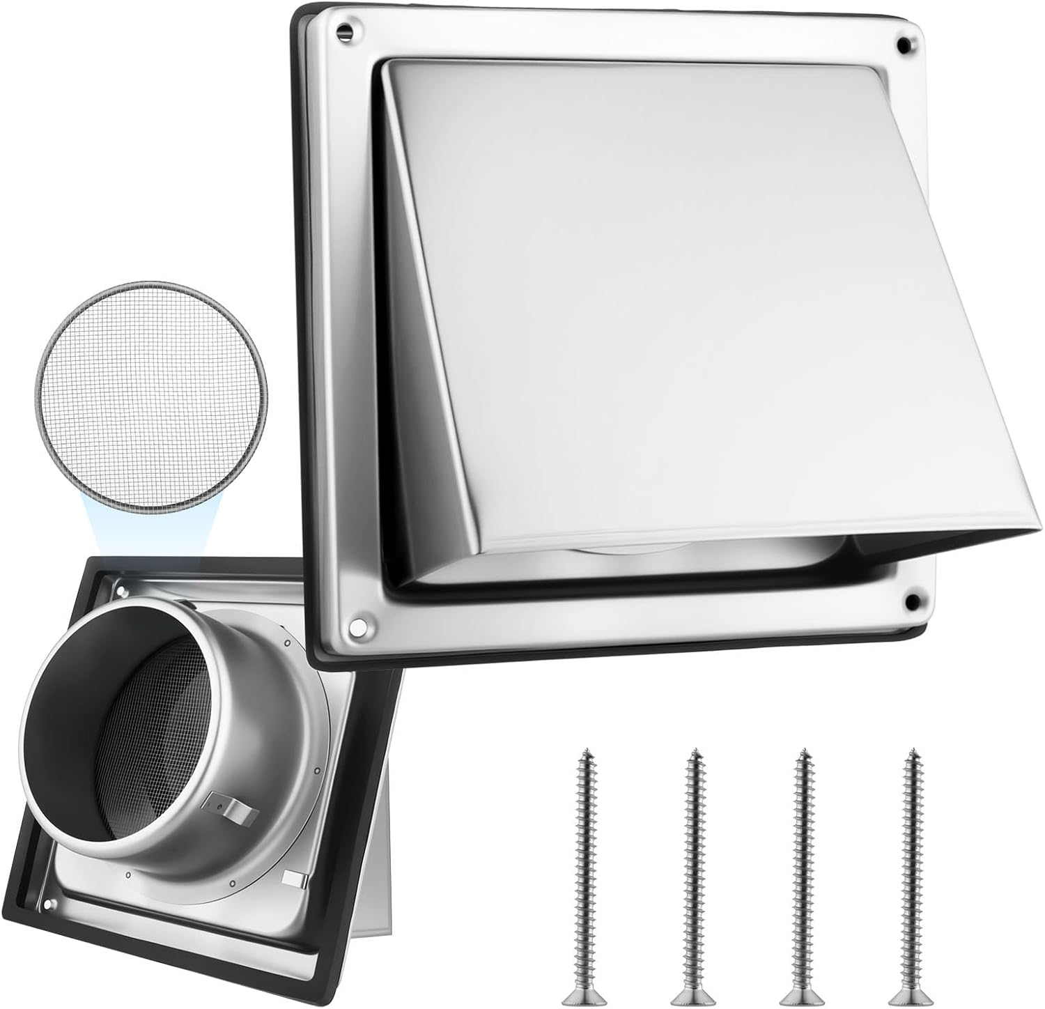 4 Inch Dryer Vent Cover Outdoor with Stainless Steel Guard Dryer Wall Exhaust Vent Cap Non-Return Flap with Sealing Gasket Grille, Easy Install(1 Pack)