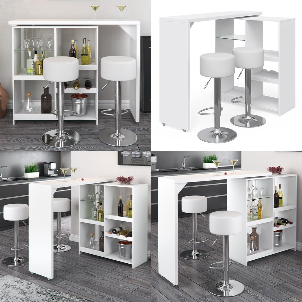Vicco Set de Mesa de Bar Vega, Blanco, 138 x 39 cm con 2 taburetes de Bar, Plegable con estantes Abiertos para Almacenamiento