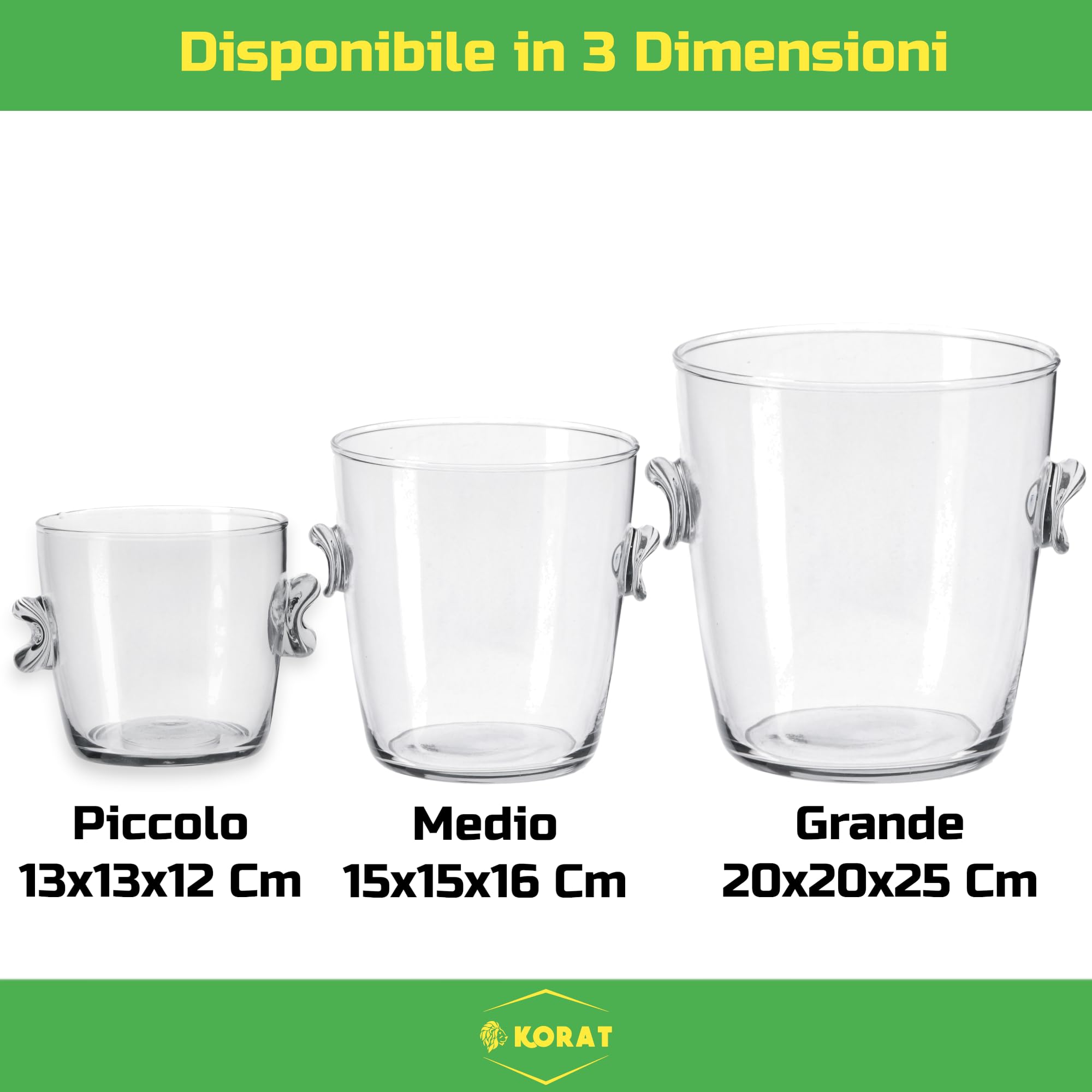 KORAT Secchiello Ghiaccio in Vetro Trasparente con Manici – Porta Bottiglie Champagne e Vino – 3 Dimensioni (Piccolo, Medio, Grande) – Elegante per Feste, Eventi e Casa (Grande - 20x20x25 Cm)