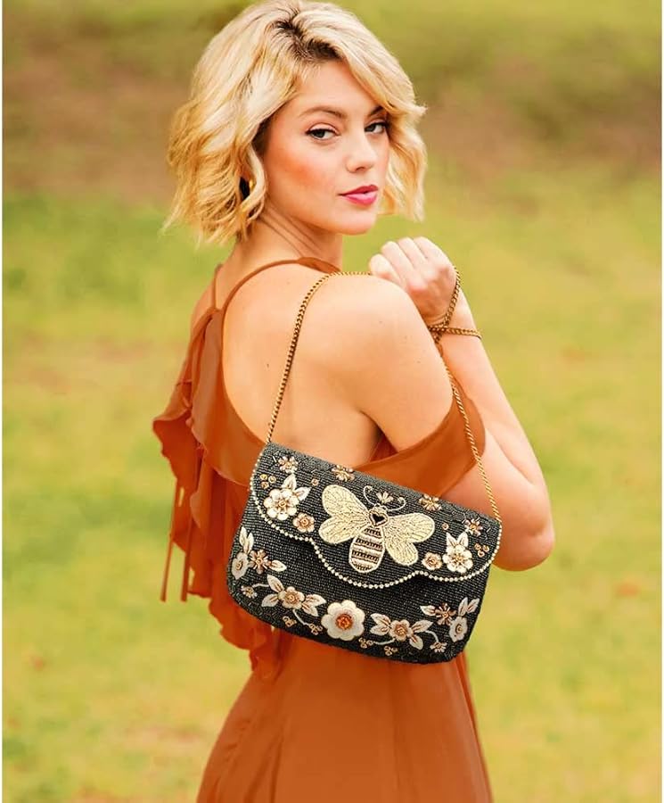 Mary Frances Golden Nectar Beaded Honey Bee Crossbody Clutch