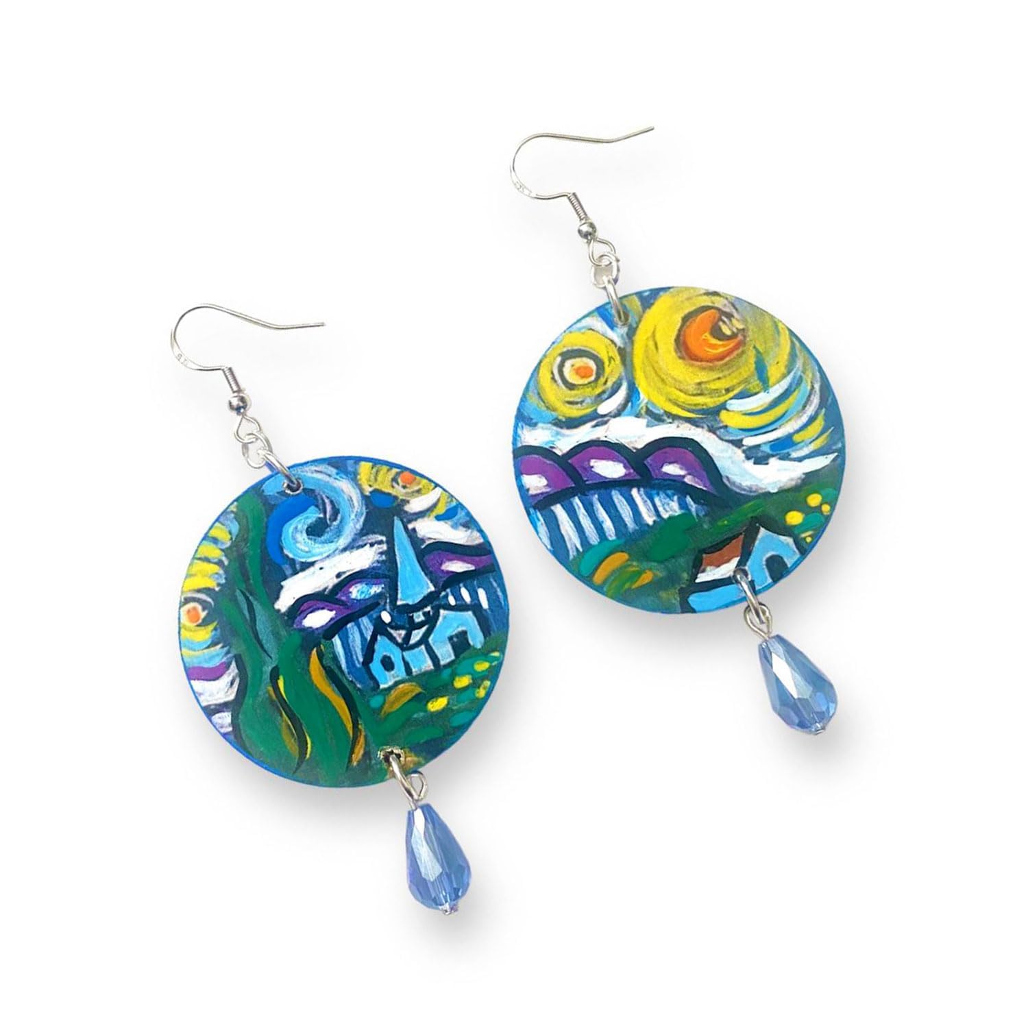 Boucles d'oreilles peintes à la main - LA NUIT ÉTOILÉE TABLEAU CÉLÈBRE - Boucles d'oreilles pour femmes, Bijoux en bois peint, Crochet en argent, Made in Italy, Bijoux, Artisanat