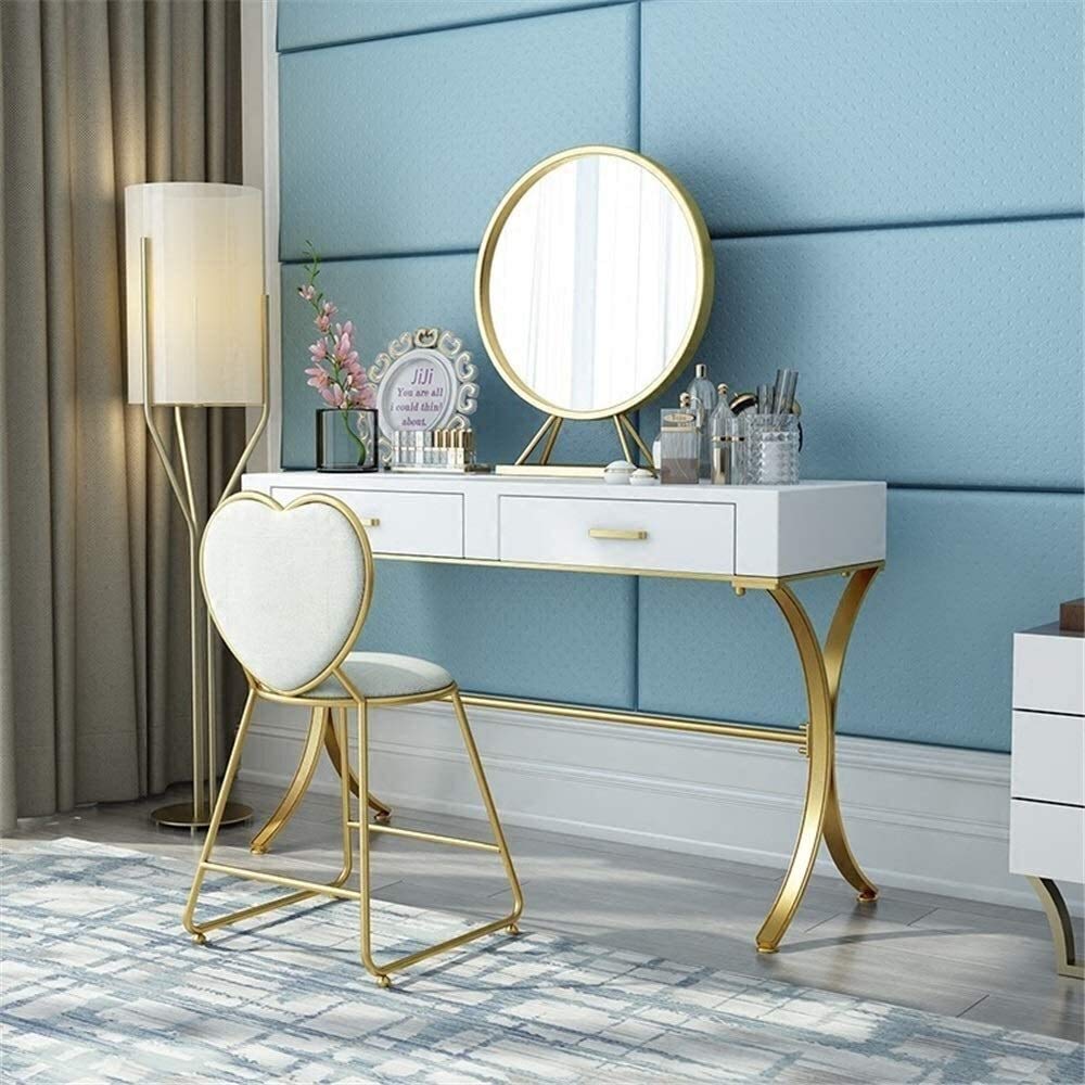 Amazon.com - DBZRRKHDC Luxury Dressing Vanity Table w/Stool for Bedroom, 2  in 1 Makeup Vanity Desk Modern Solid Wood Iron Dressing Table Storage Makeup  Table with Stool