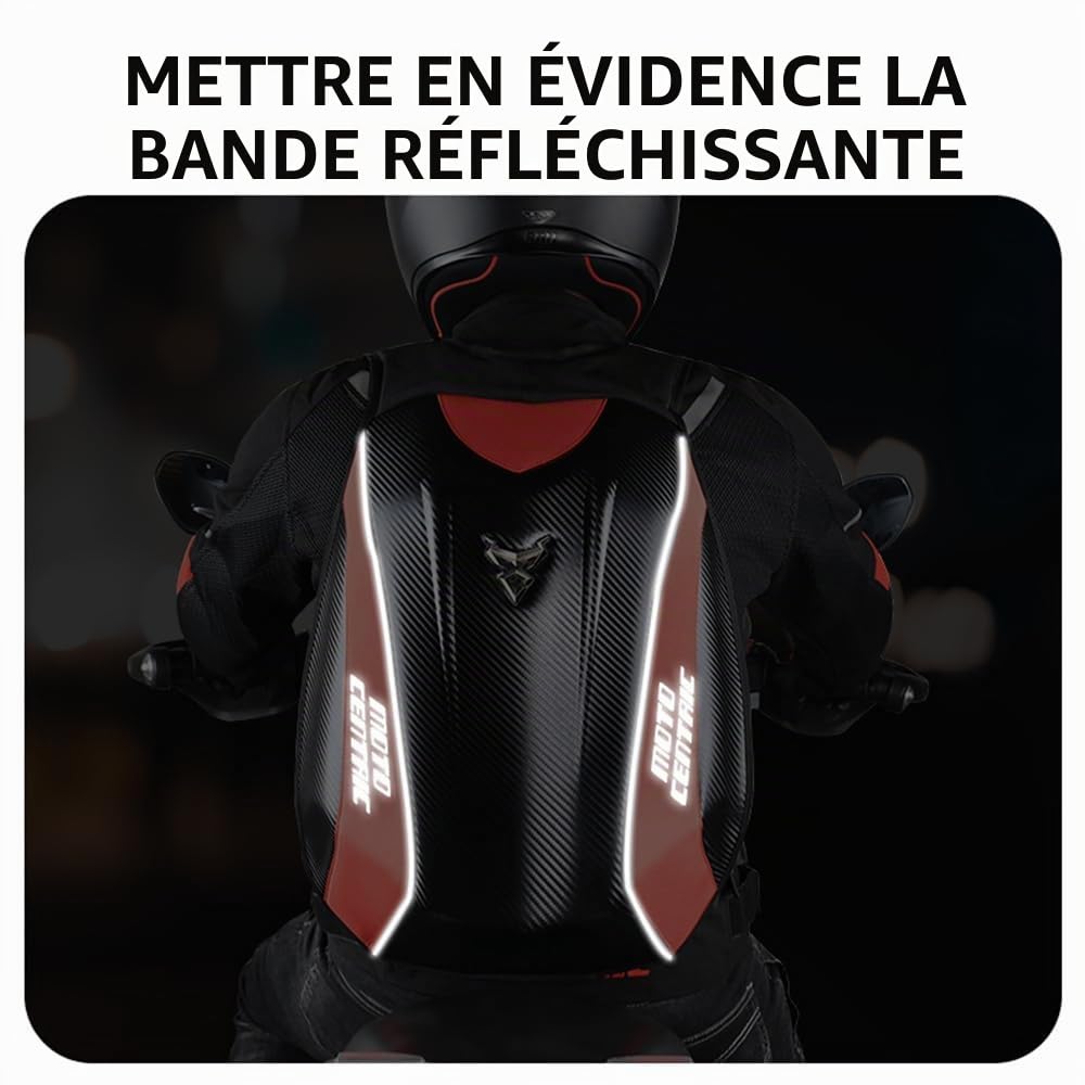 Sac à dos de moto imperméable en fibre de carbone avec coque rigide réfléchissante
