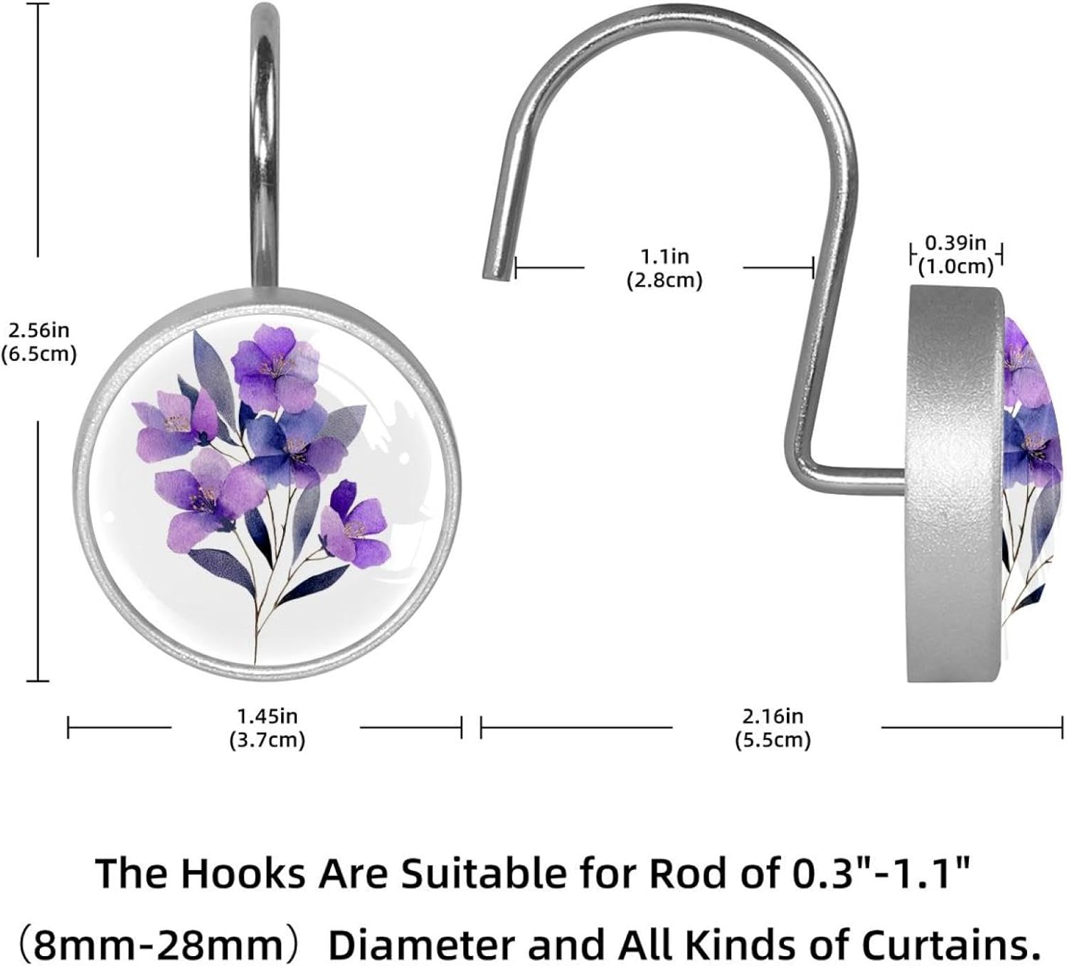 Aesthetic Purple Flower Decorative Shower Curtain Hooks Rings, Rust-Resistant Metal Glide Shower Hooks for Bathroom 12pcs Shower Curtain Hooks