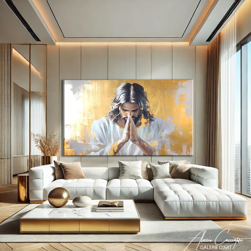 Alessio Cacciatore Cuadro con marco de Jesucristo – Arte mural cristiano – Decoración de pared dorada – Impresión sobre lienzo Zen – Cuadro religioso católico – Decoración de pared espiritual (120 x