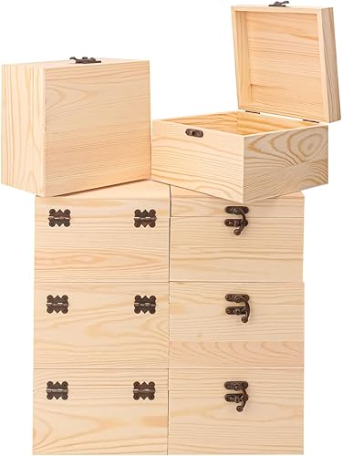 Miniatura 1 de Paquete de 8 cajas de madera de pino liso, 6 x 6 x 4 pulgadas con tapa con bisagras para manualidades y fines decorativos