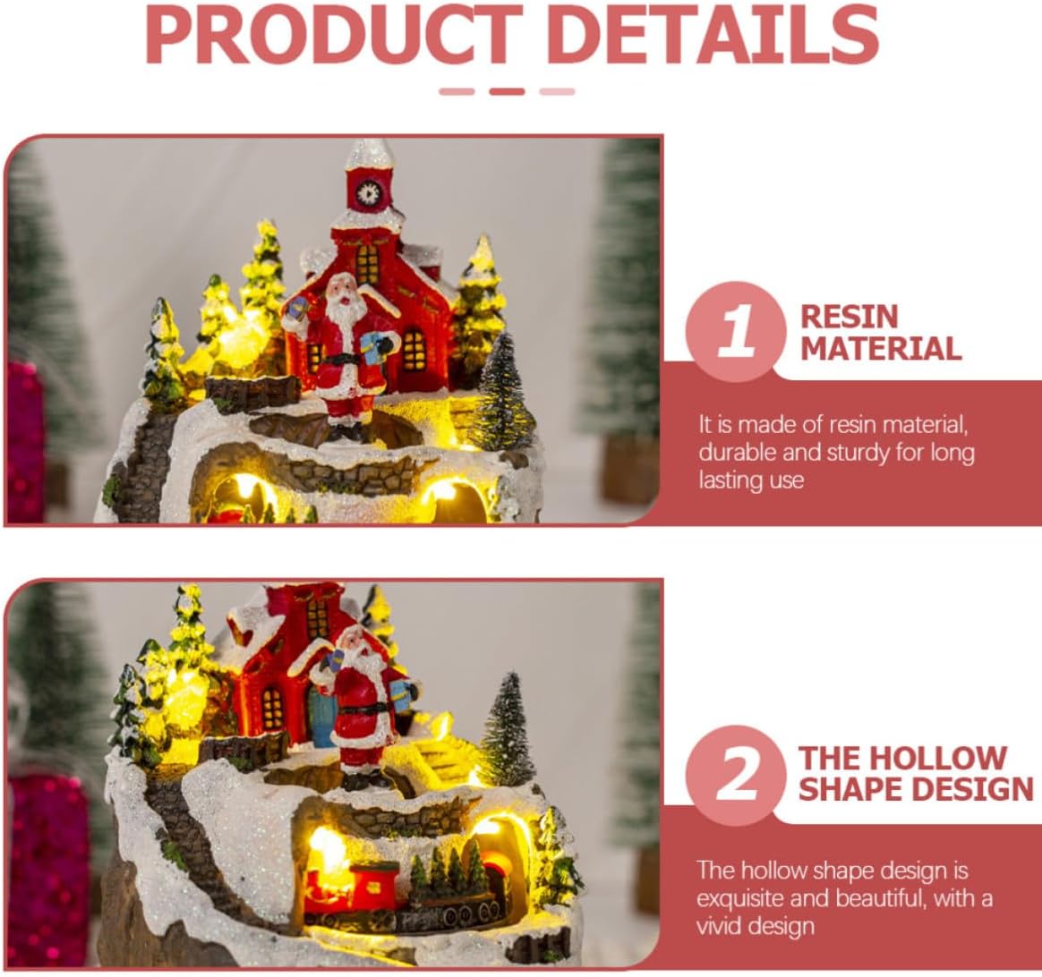 Kichvoe Lighted Miniature Christmas House Figurine Rustic Home Decor with Music and Train Resin with USB Charging and Battery Powered Christmas Table Ornament