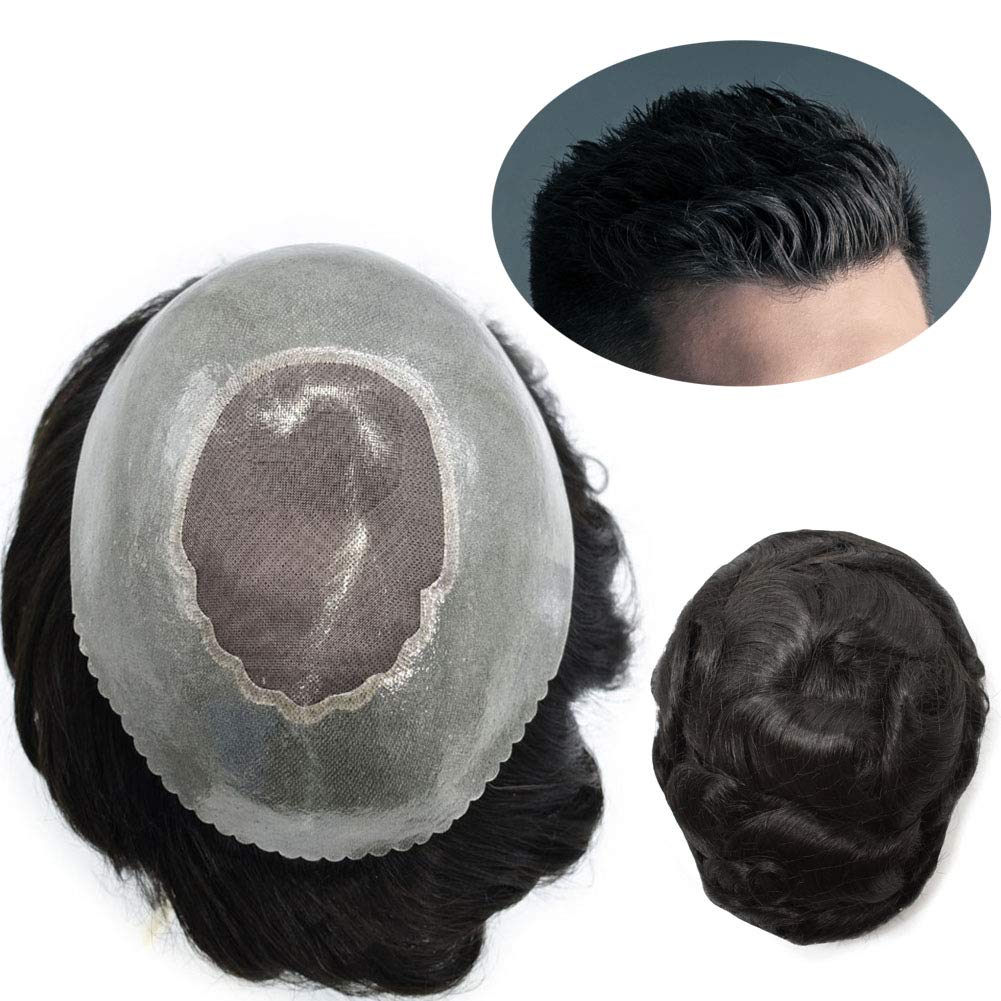 LYRICAL HAIR Toupee for Men Fine Monofilament Lace 1B Natural Black Clear Poly Thin Skin All Around Durable Mens Wig Hairpieces (2# DARKEST BROWN)