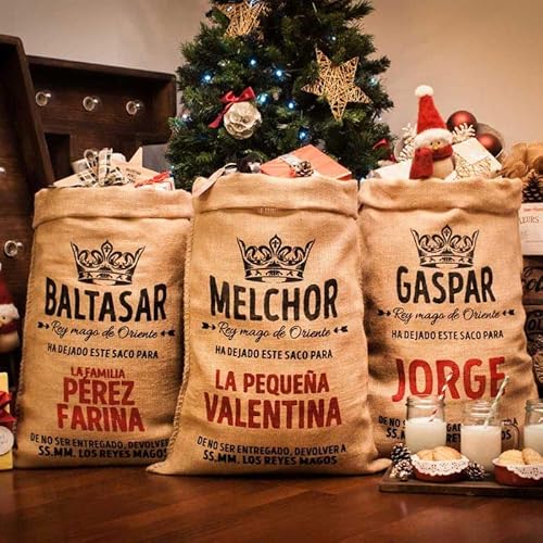 KUKO - Saco Navideño Personalizable de los Reyes Magos de Oriente | Saco de Yute Natural Personalizado | Decoración Navideña para el Hogar | Adornos de Navidad Originales (Pack 3 Sacos 3 Reyes Magos)