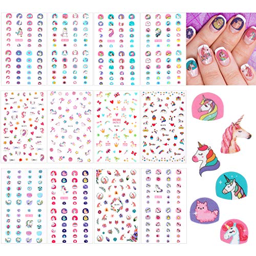 12 Sheets Unicorn 3D Nail Art Stickers Self-adhesive Nail Art Decals Nail Tip Sticker Tattoo Decorations for Birthday Party Gift Favors