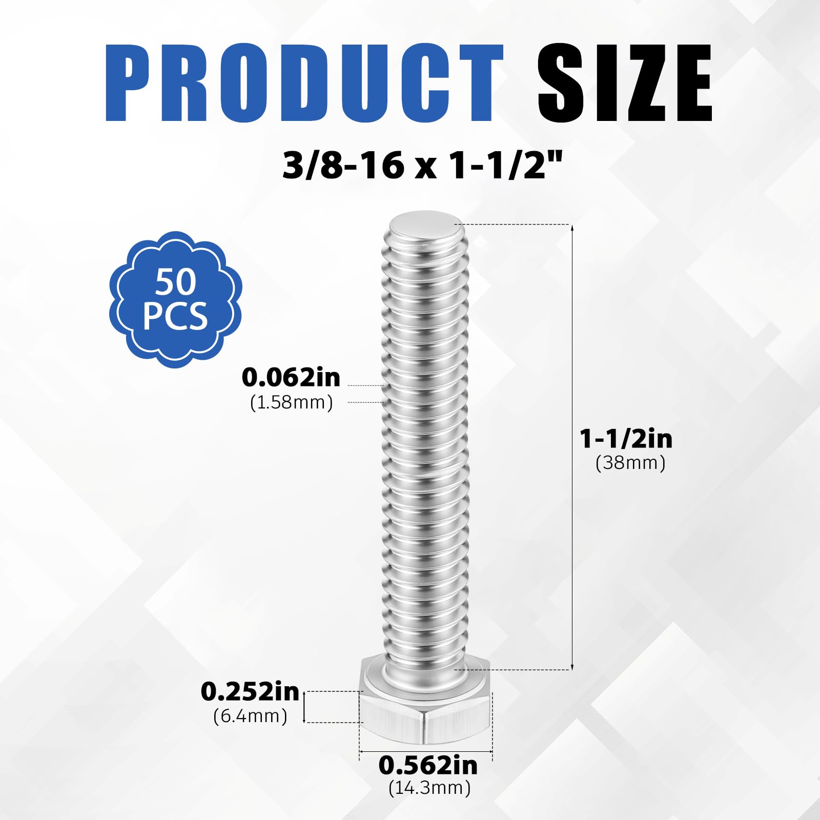 Zonon 50 bulloni a testa esagonale da 3/8-16 x 1-1/2", bulloni esagonali in acciaio inox 18-8 (304), completamente filettati, finitura liscia, azionamento esagonale esterno (argento)
