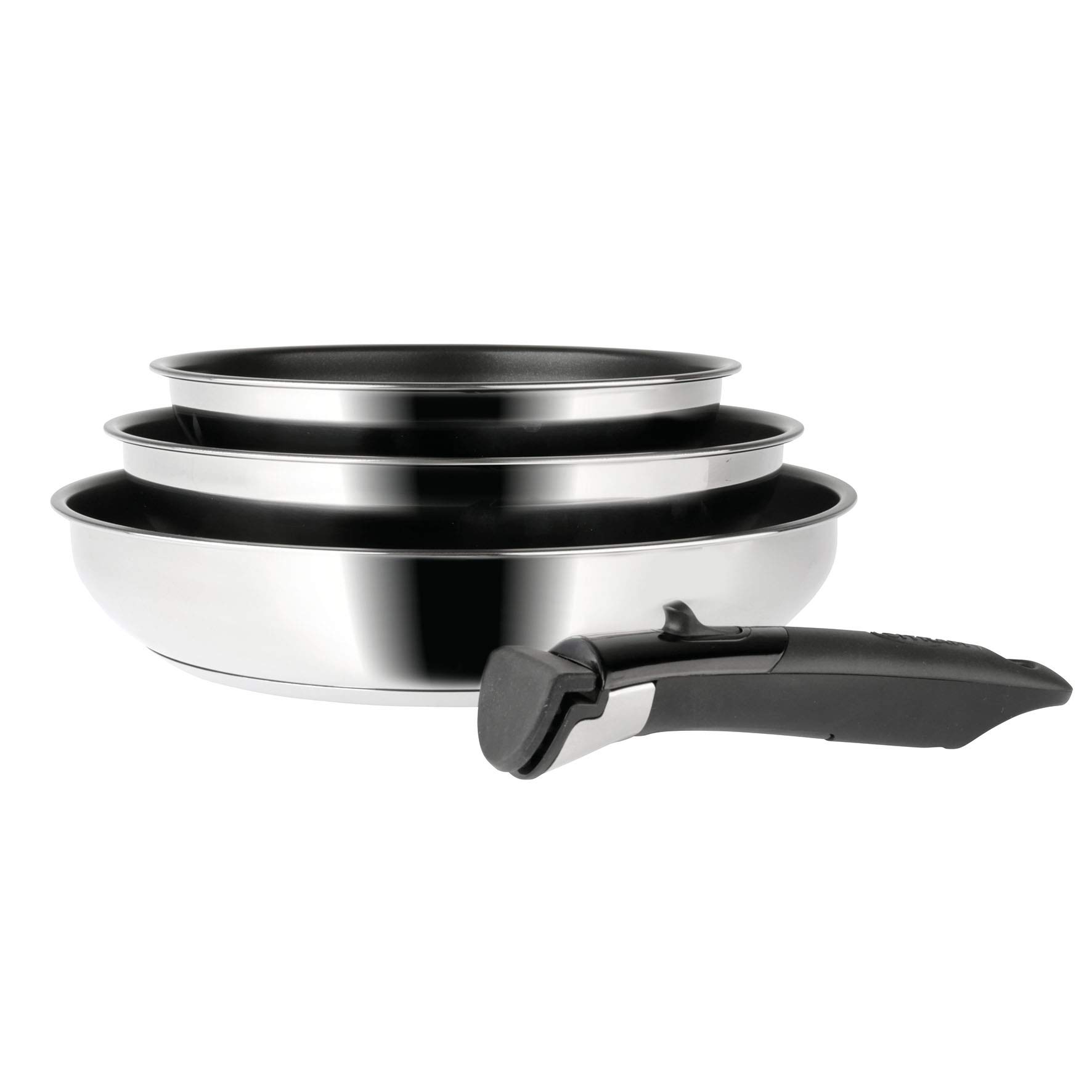 SITRAM - 713510 – Set of 3 Arpege Removable Saucepans Made of Stainless Steel – Non-Stick Coating Diameter 20 24 28 cm – For All Hob Sources, Including Induction, Black, Silver