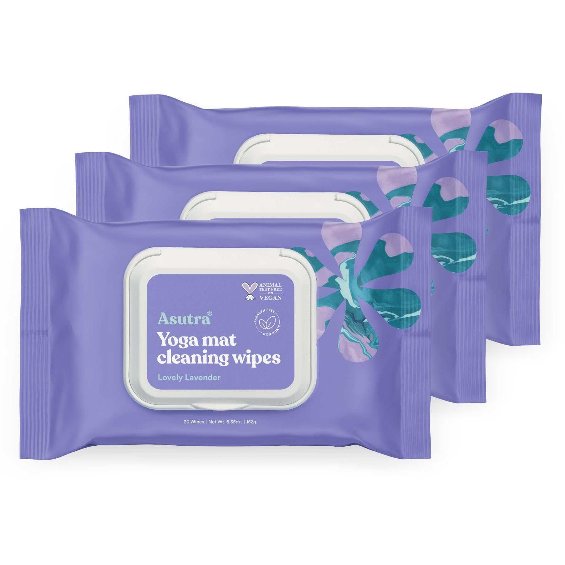 ASUTRA Toallitas de limpieza para esterilla de yoga (lavanda encantadora), 3 bolsas (30 toallitas cada una), sin residuos resbaladizos, limpieza profunda para equipo de fitness y equipo de gimnasio