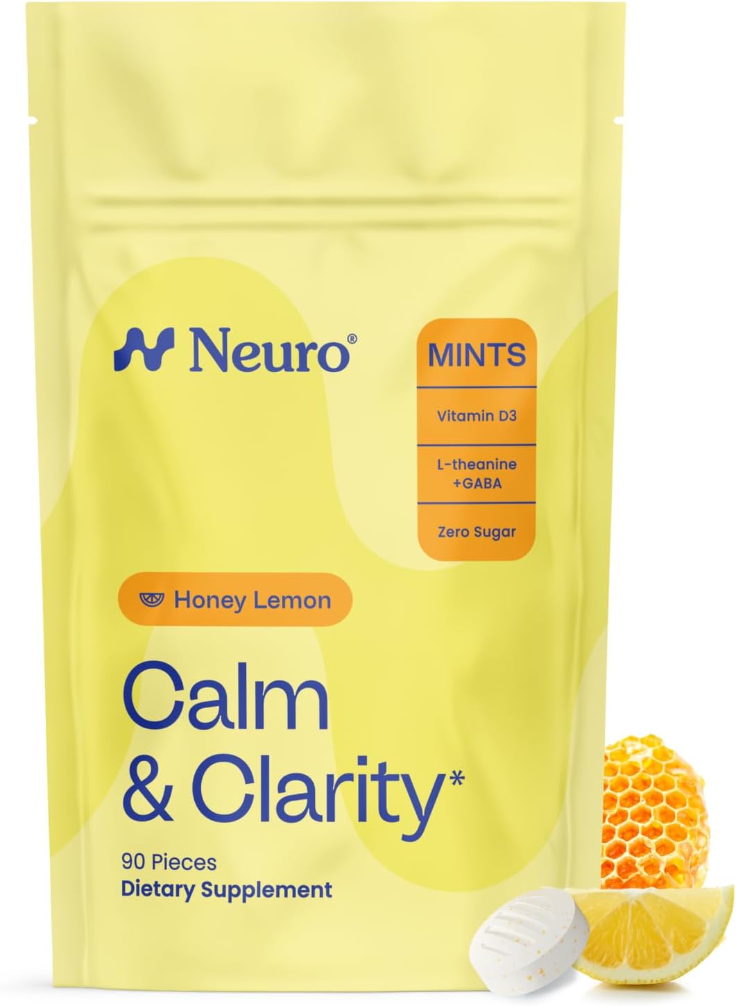 Neuro Calm & Clarity Mints - GABA L-Theanine Stress Supplement with Vitamin D3 - Non-Drowsy, Functional Calming Mints for Mood, Mental Clarity & Cognitive Function - Honey Lemon, 90 ct
