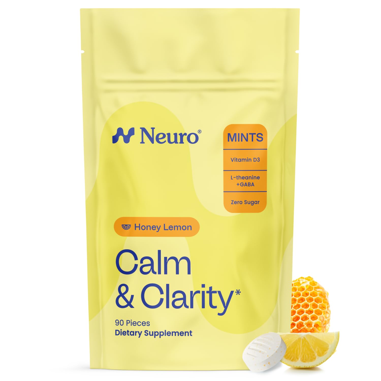 Neuro Calm & Clarity Mints - GABA L-Theanine Stress Supplement with Vitamin D3 - Non-Drowsy, Functional Calming Mints for Mood, Mental Clarity & Cognitive Function - Honey Lemon, 90 ct