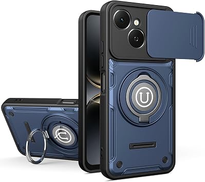 Compatible with Tecno Spark 40C 4G Case, 2-in-1 Slide Camera Cover, Kickstand Design Compatible with Tecno Pop 10 Pro KM4k Shockproof Phone Protective Case Blue