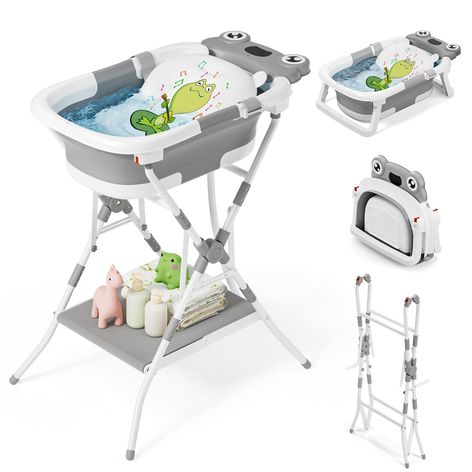 COOSEYA Bañera plegable 3 en 1 con soporte, bañera para bebés desde recién nacidos hasta niños pequeños con cojín de apoyo suave, diseño plegable para viajes y exteriores, 0-18 meses