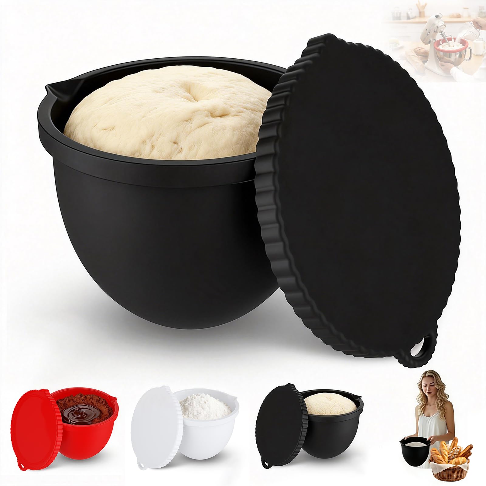 3 Forros de Silicona para Batidora, Compatibles con Kitchenaid Accesorios, Bol de 5 Qt con Tapa, Insertos de Silicona para Batidora, Antidesplome Reforzado, Apilables, para Hornear/Cocinar