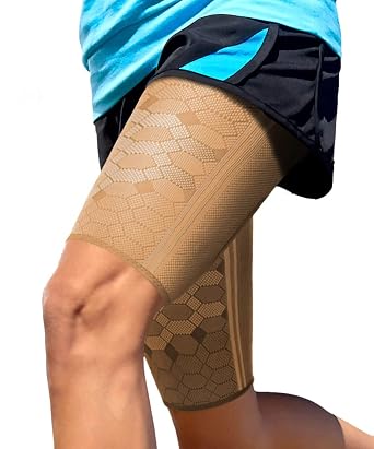 Sparthos Thigh Compression Sleeves, Quad Wrap, Hamstring Brace - Beige-L | Pair of 2, Anti Slip Grip, Breathable Elastic, Upper Leg Support for Men and Women, Quadriceps, Groin, Pulled Muscle Recovery