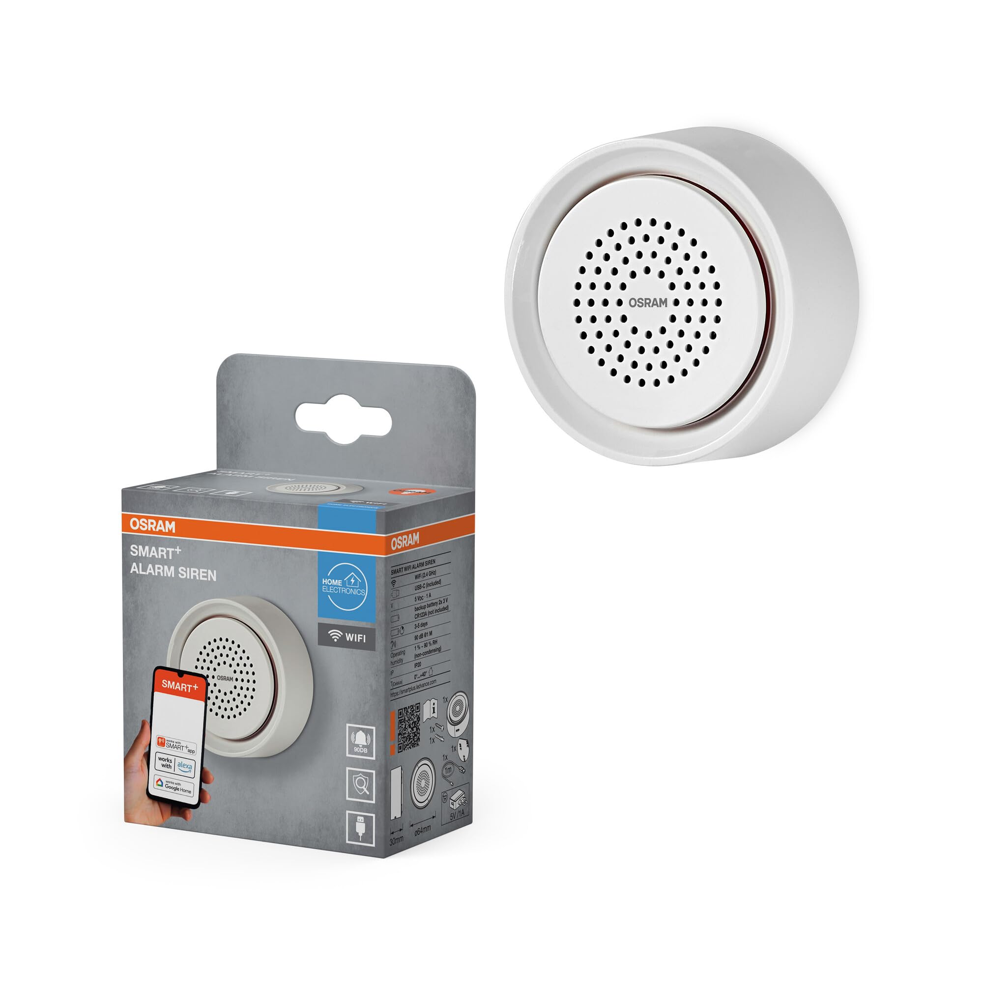 OSRAM SMART+ WiFi Alarmsirene, 90dB, 11 Alarmtöne, LED-Blinklicht, USB-C, App-Steuerung, Alexa/Google kompatibel, IP20