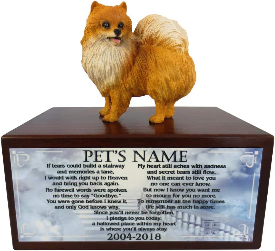 Conversation Concepts Beautiful Paulownia Small Wooden Urn with Pomeranian Red Figurine & Personalized Poem