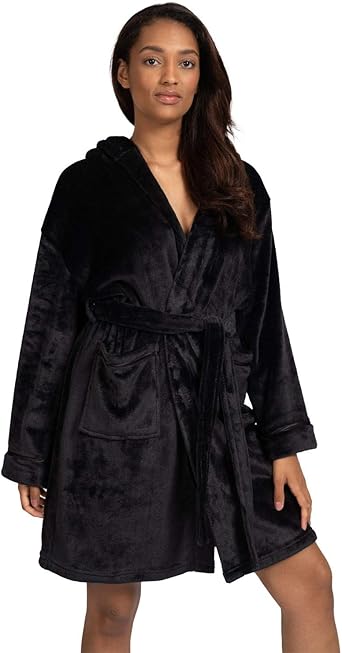 black fluffy hooded dressing gown