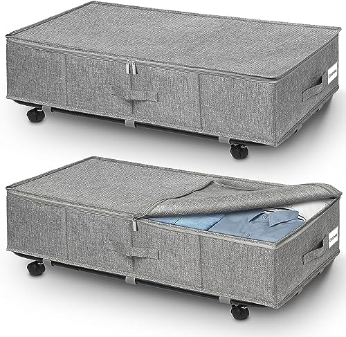 JUPELI Under Bed Storage on Wheels, Extra Large 50L Foldable Under Bed Storage Organiser, 2 Pack Underbed Storage on Wheels, Rolling Underbed Storage Boxes with Lids for Toy, Blanket, Clothes, Shoes