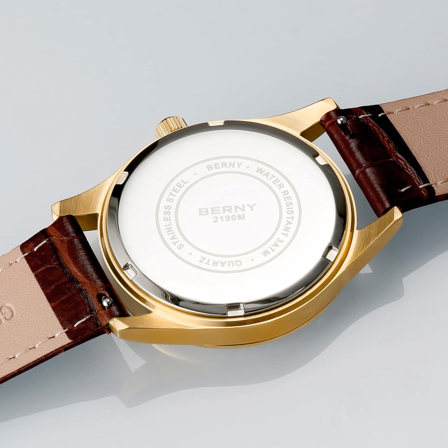 BERNY Mens Multi-Functional Quartz Watch with Calendar and Moon Phase Watch - Stainless Steel Case and Leather Band