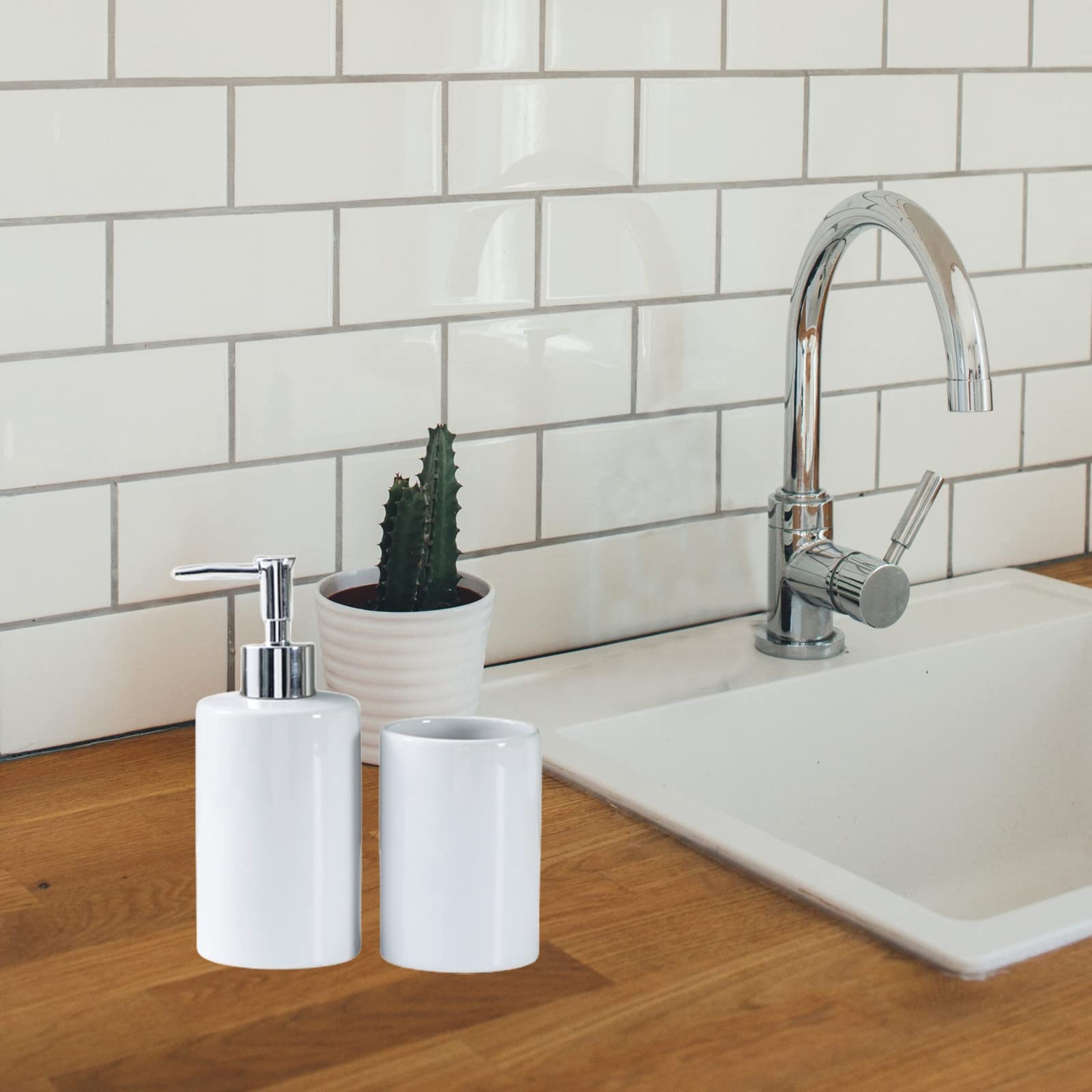 Ensemble Accessoires Salle De Bain Céramique Blanche 4 Pièces - Distributeur Savon, Porte-Brosse, Gobelet, Porte-Savon