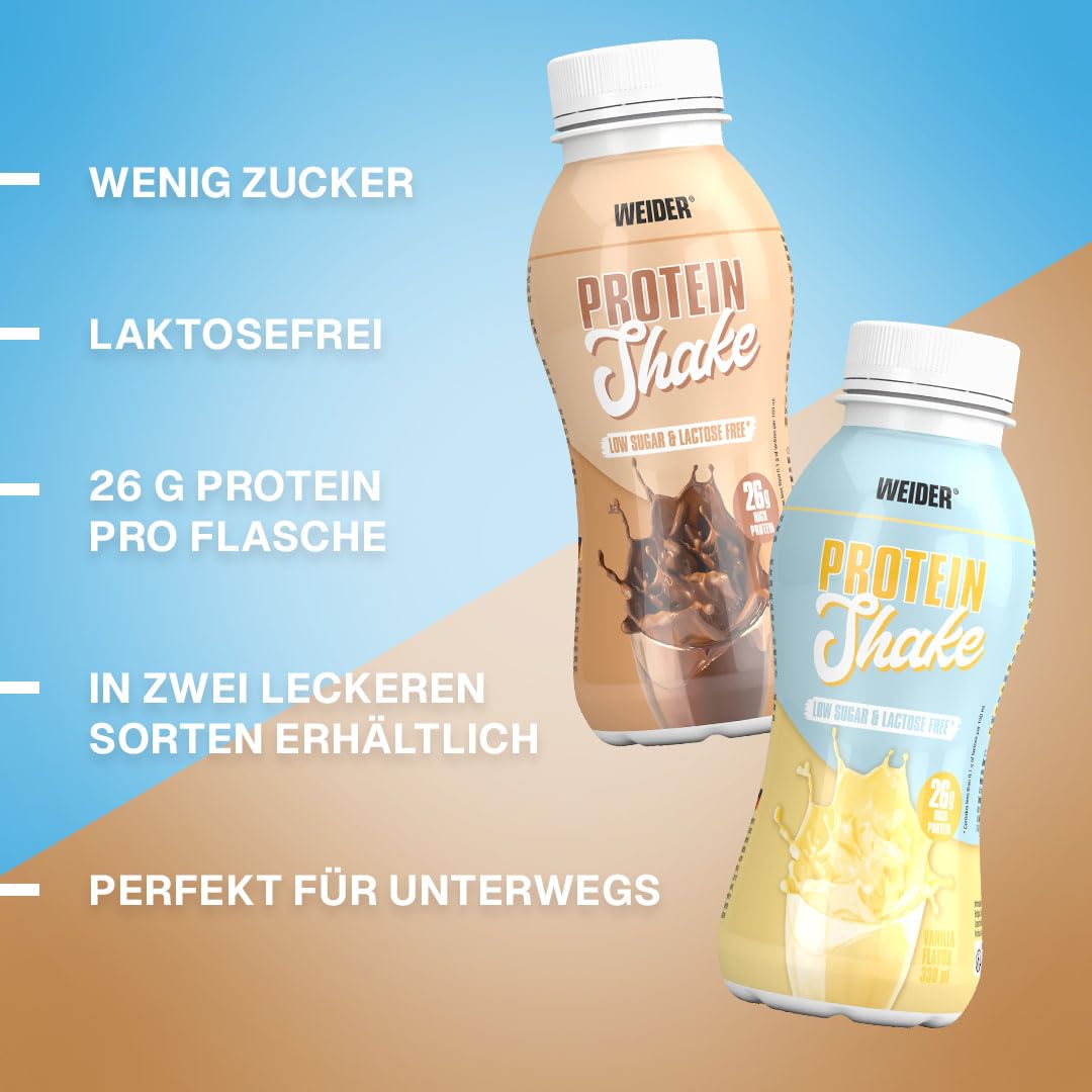 WEIDER Protein Shake Ready to Drink 26 g Eiweiß, Fertiggetränk mit Whey und Casein, zuckerarm und laktosefrei, 6 x 330 ml Vanille