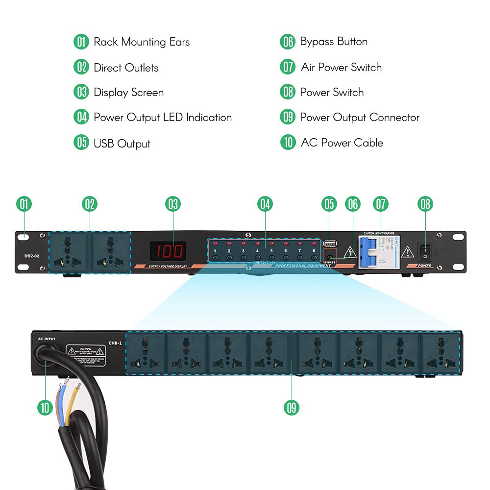 DB2-02 10-Fach Rack-Montage Power Sequence Controller Conditioner Überspannungsschutz Netzteilregler mit LED-Anzeige USB-Schnittstelle für DJ-Equipment Instrument Rigs Audio-Aufnahmesystem
