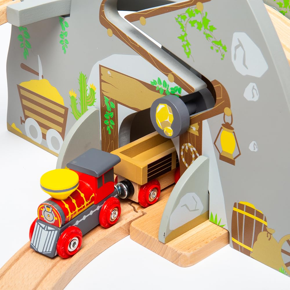 Bigjigs Rail Wildwest-Eisenbahn-Set | Holz-Eisenbahnspielset | 62-teilige Strecke & Zubehör mit Pferd & Kutschen, Goldminen-Tunnel, Ranch- & Cowboy-Figuren | Eisenbahnspielzeug für Kinder, Jungen &