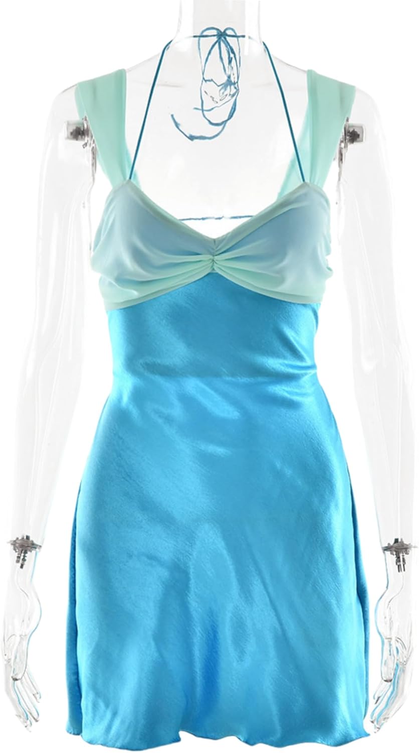 JUMISEE Women’s Sexy Backless Lace Up Satin Mini Dress Flowy Ruffle Hem Vacation Dress Low Cut A Line Short Dresses - Image 7