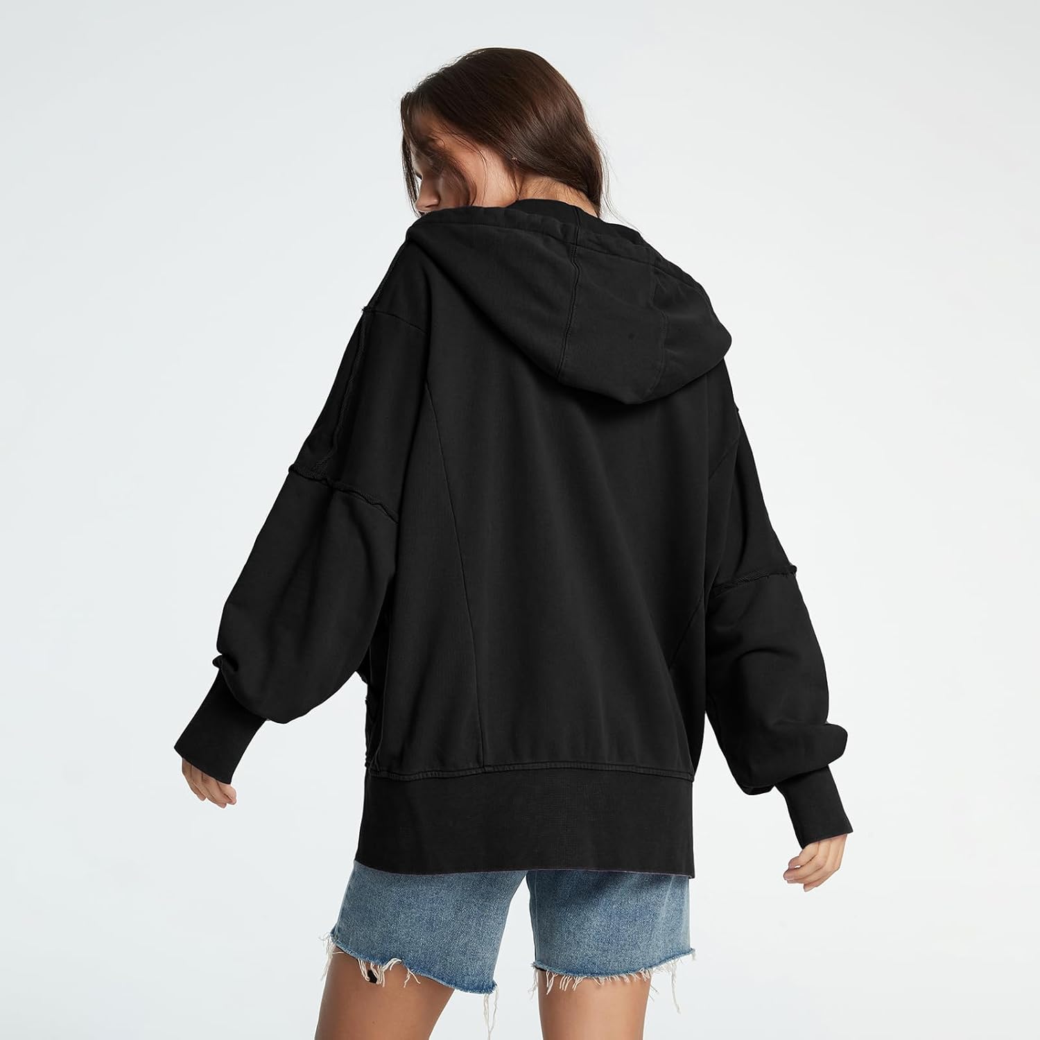 D-Sun Women's Oversized Hoodies Sweatshirts Casual Exposed Seaming Zipper Drawstring Hoodie Top - Image 7