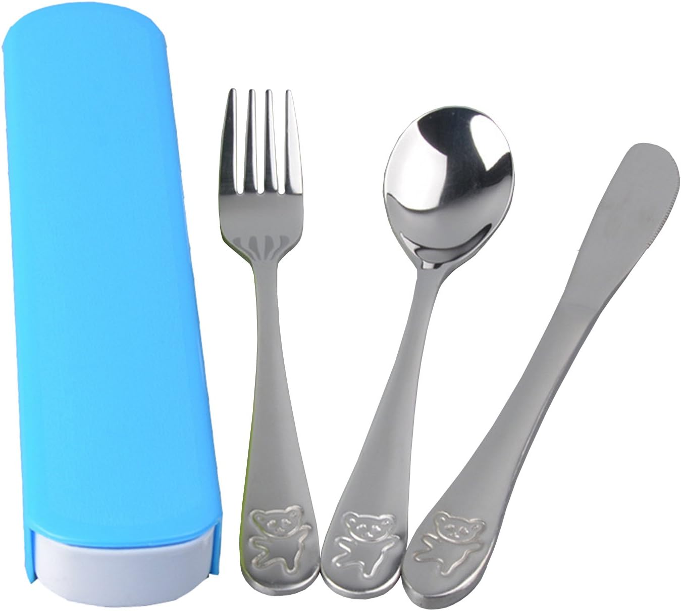 Dovia Stainless Metal Utensil Set, Bear Model, 3-Piece Flatware Includes Spoon, Fork, Butter Knife, Colorful Cases (Blue)