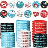 72 Pcs Nurse Party Favors Nursing Themed Silicone Bracelets Rubber Wristband Nurse Graduation Party Button Pins Badges Set for Doctor Nurse Day Medical RN Theme Nurse Graduation Party Supplies Favor