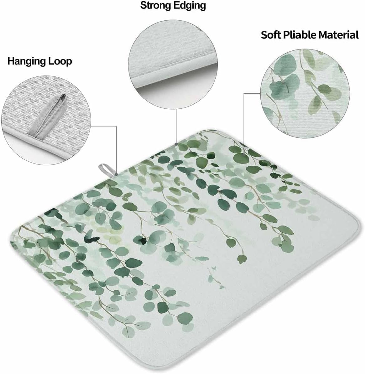 Dish Drying Mat 18 x 24 Inch, Sage Green Eucalyptus Leaf Absorbent Microfiber Coffee Mats for Kitchen Spring Leaves Botanical Quick Drying Dish Drainer Pad 2 Pack