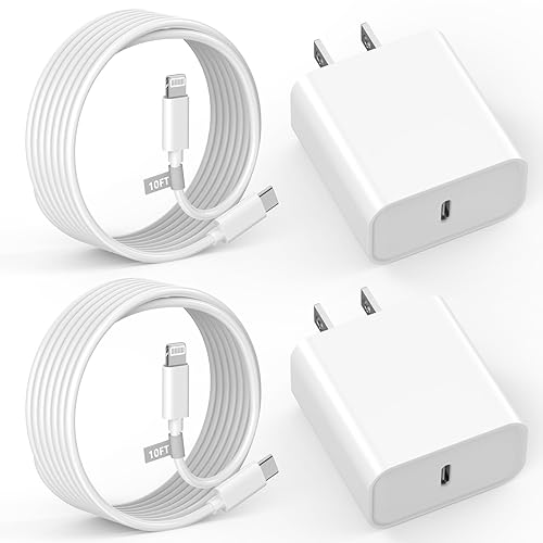 Cargador rápido para iPhone, 10 pies de largo certificado Apple MFi, paquete de 2 cables de carga rápida tipo C a Lightning con cargador de pared PD