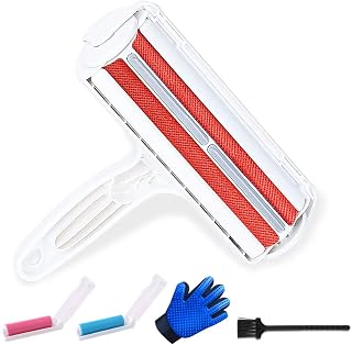 Pet Hair Remover Roller - Lint Fur Roller for Pet Hair - Reusable Pet Hair Remover Roller - Self Cleaning Dog & Cat Hair Remover for Furniture Sofa Couch Carpet Bedding Clothing Car Seat Laundry - Red (Including Pet Grooming Glove, 2 Mini-Portable Lint Brush and Cleaning Brush)