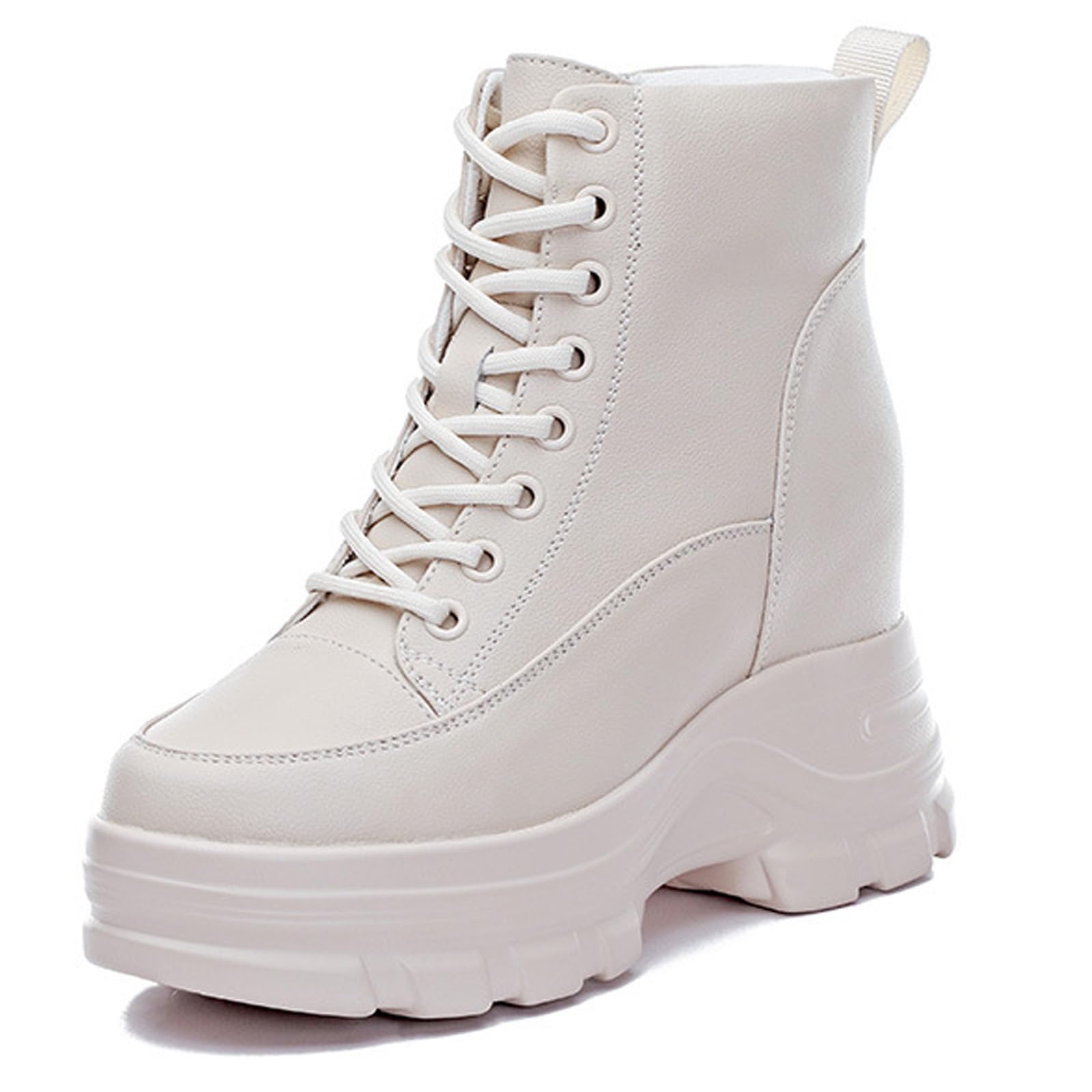 Womens Leather Platform Invisible Height Increasing Ankle Boots Fashion Round Toe with Side Zip Wedge Motorcycle Boots Casual
