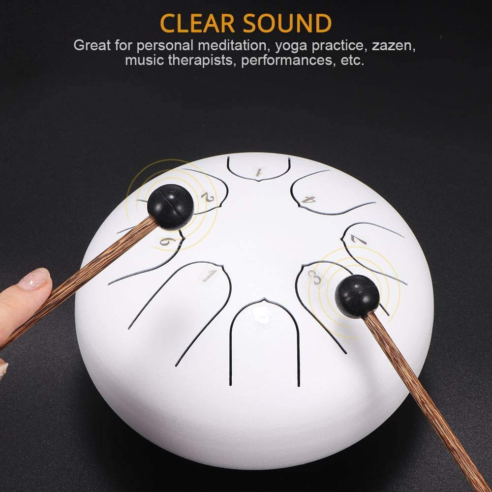 Steel Tongue Drum, 6 Inch Hand Pan Percussion Drum 8 Tune Percussion Instruments, Drum with Drumsticks & Carrying Bag, Tutorial Book, 4 Finger Picks (White)