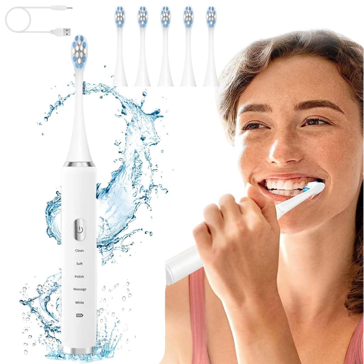 Goodern Sonic Electric Toothbrush Set,Power Electric Toothbrush Rechargeable Sonic Toothbrush for Adults,with Smart Timer 5 Modes 5 Brush Heads,30,000 VPM Motor 4 Hours Fast Charge for 30 Days-White