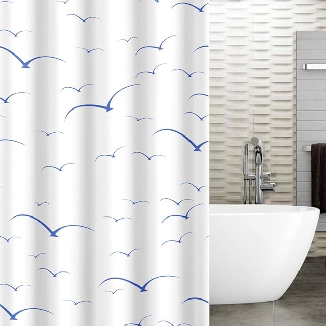 Tatkraft Seagulls Shower Curtain 180X180cm Waterproof Textile Polyester 12 Oval Rings
