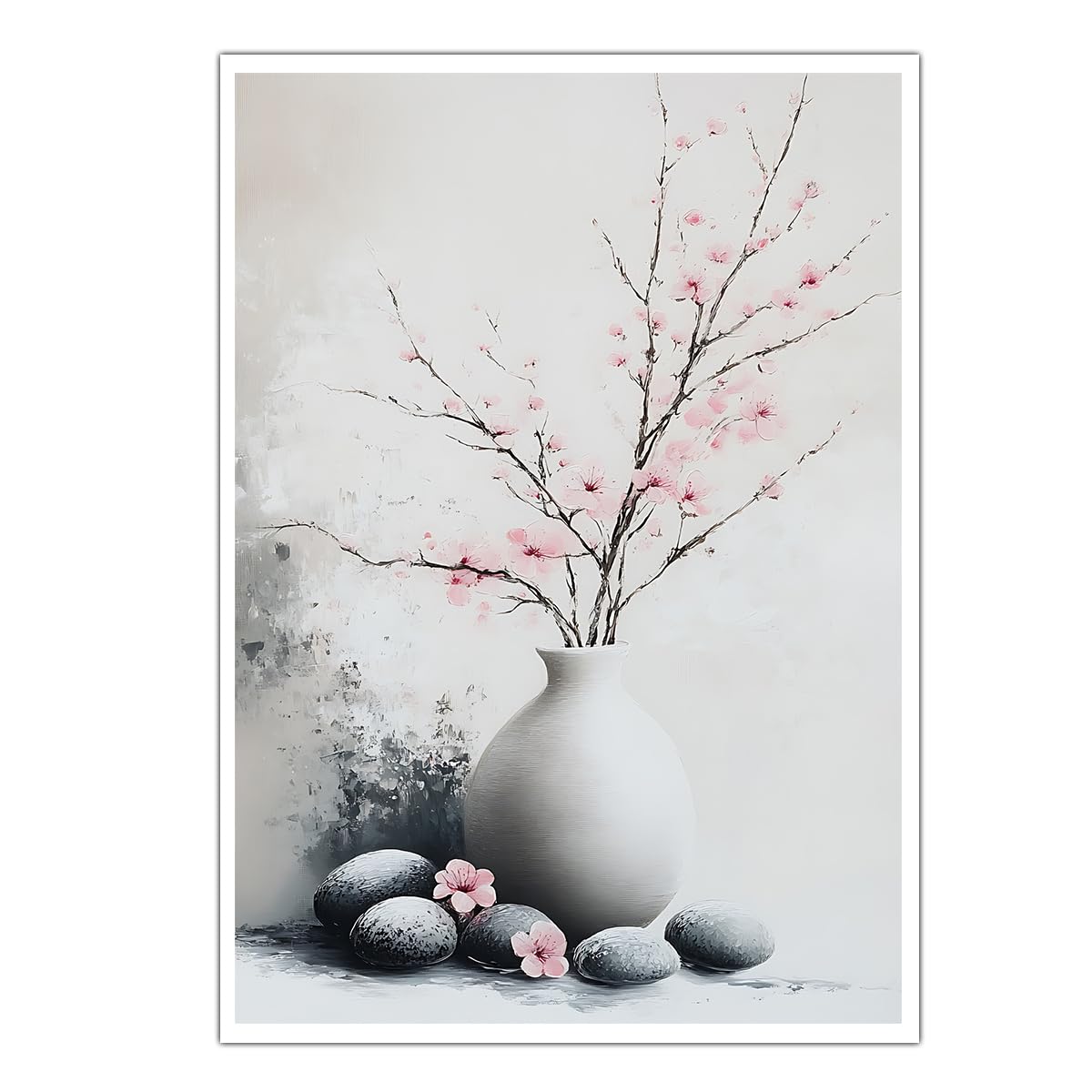 CHERHERART Cherry Blossom Canvas Wall Art Pink Blossoms Grey Vase Poster Prints Artwork Ink-wash Minimalist Oriental Canvas Home Wall Decor 45x70cm Frameless