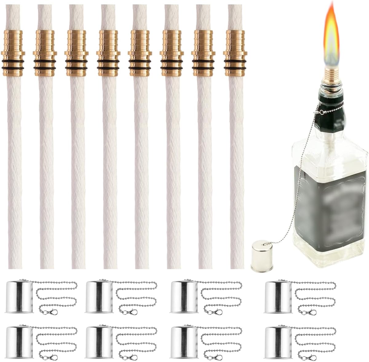 Wine Bottle Torch Kit 8 Pack, Includes 8 Long Life Torch Wicks, Lamp Cover & Brass Wick Mount(13.7 Inch,Bottle not Included)