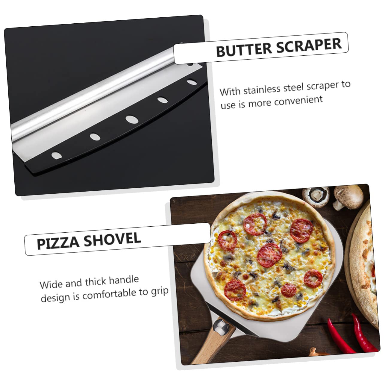 2 Stück Teiliges Set Faltbare Aluminium Pizzaschaufeln mit Holzgriff und Teigschaber für Pizza und Pfannkuchen Hitzebeständig und Praktisch für Küche