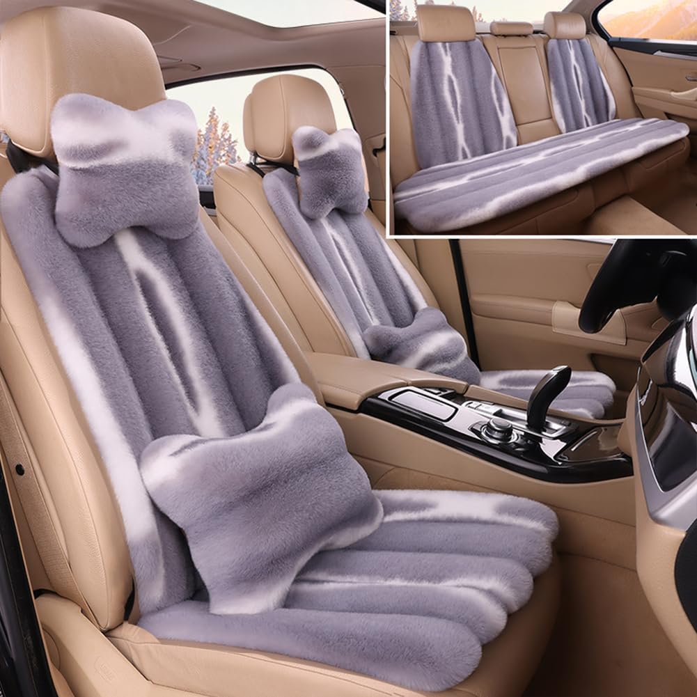 Full Set 5 Seat Fluffy Faux Rabbit Fur Car Seat Cover for Fuzzy Soft Auto Universal Car Seat Plush Vehicle Seat Protector Pad with Non-Slip Backing, Car Accessories Home and Office Chair Full Set With Backrest Grey